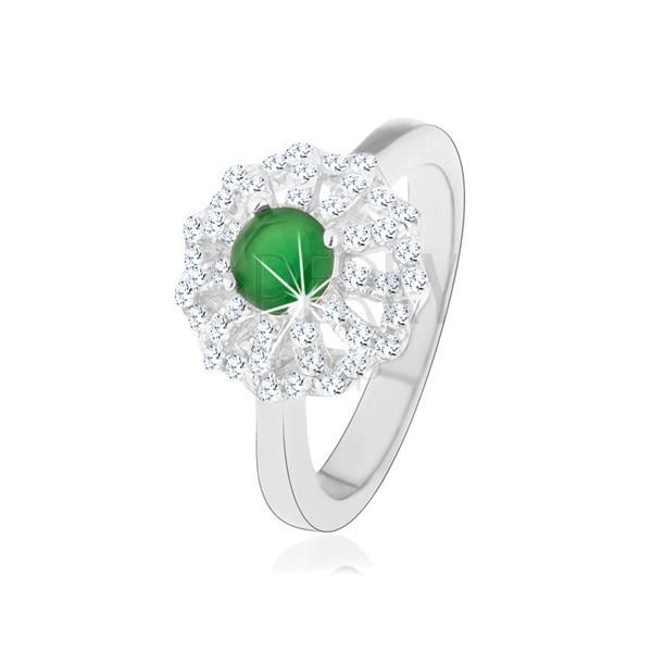 Prsteň zo striebra 925, kvet s obrysmi čírych lupeňov, zelený zirkónový stred