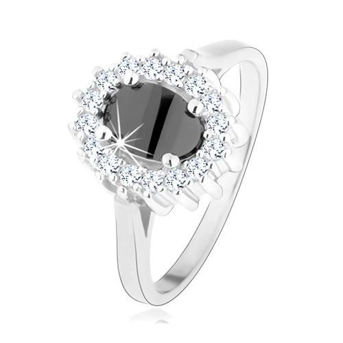 Strieborný prsteň 925, oválny čierny zirkón, trblietavá obruba, ródiovaný - Veľkosť: 55 mm