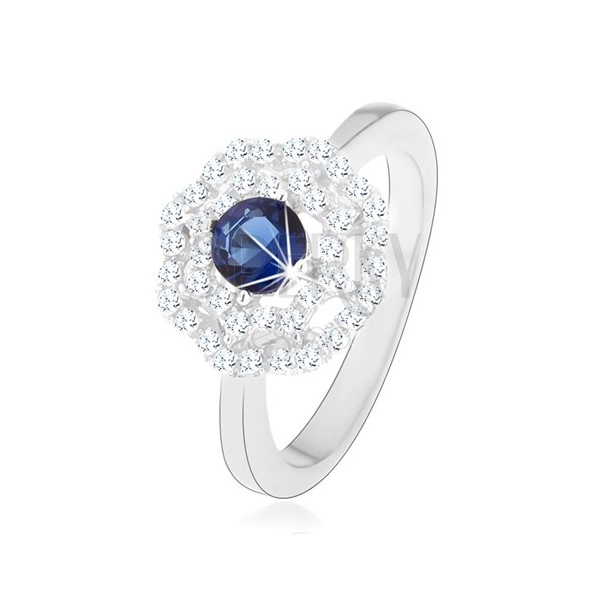 Ródiovaný strieborný prsteň 925, slnko - modrý okrúhly zirkón, dvojitý číry lem