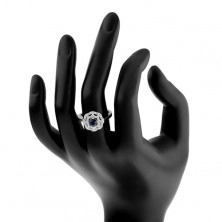 Ródiovaný strieborný prsteň 925, slnko - modrý okrúhly zirkón, dvojitý číry lem
