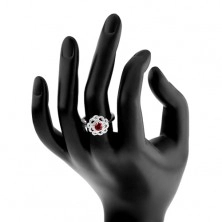 Strieborný prsteň 925, kvet s tmavoružovým zirkónom a zvlnenými líniami