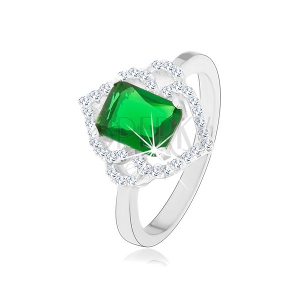 Strieborný prsteň 925, zelený obdĺžnikový zirkón, číre obrysy lístkov, oblúčiky