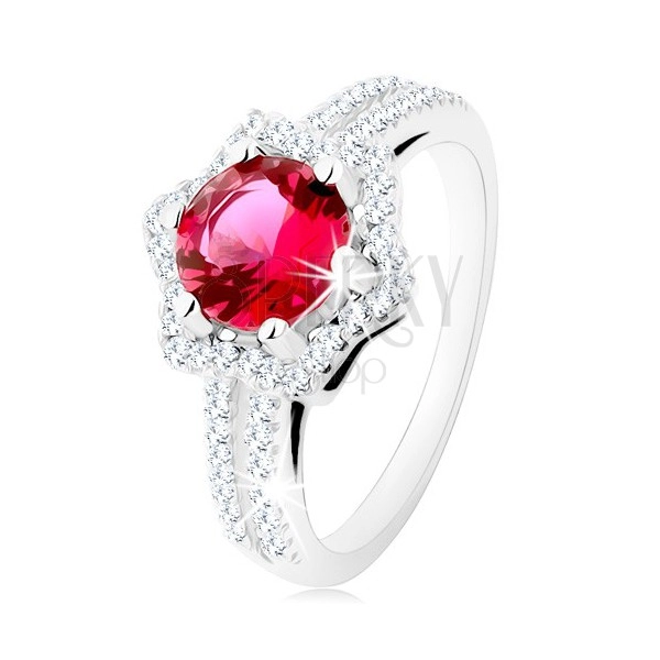 Strieborný prsteň 925, rozdvojené ramená, hviezdičková kontúra, ružový zirkón