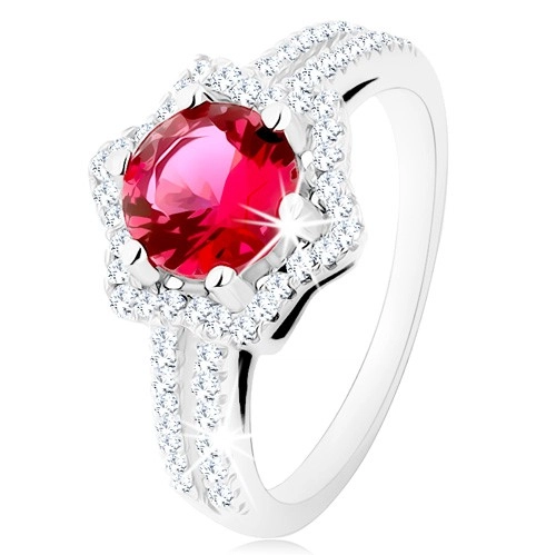 Strieborný prsteň 925, rozdvojené ramená, hviezdičková kontúra, ružový zirkón - Veľkosť: 49 mm