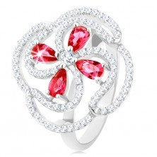 Prsteň, striebro 925, vypuklý kvet z ružových zirkónových kvapiek a čírych línií
