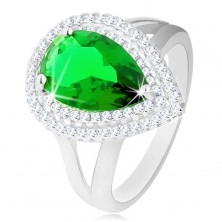 Strieborný 925 prsteň, zelená zirkónová slza, dvojitý ligotavý lem
