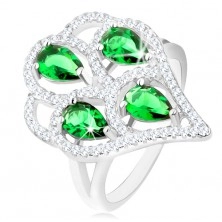 Strieborný prsteň 925, strapec zo zelených zirkónových slzičiek s čírym lemom