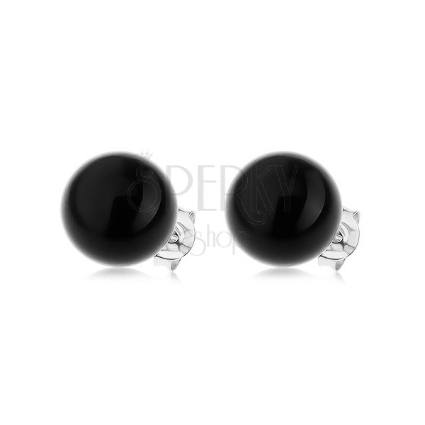 Náušnice zo striebra 925, lesklá guľatá perla čiernej farby, 10 mm