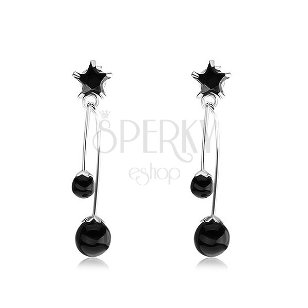 Strieborné náušnice 925, čierna zirkónová hviezdička, dve čierne perly