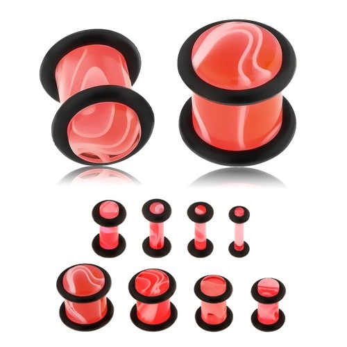 E-shop Šperky Eshop - Akrylový plug do ucha ružovej farby, mramorový vzor, dve čierne gumičky S22.28 - Hrúbka: 10 mm