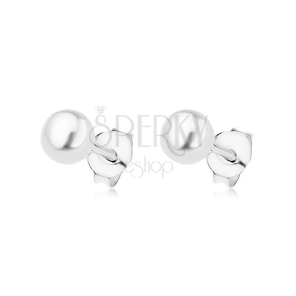 Puzetové náušnice zo striebra 925, biela guľatá perlička, 5 mm