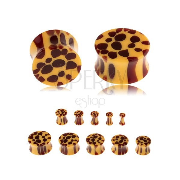 Sedlový plug do ucha z akrylu, žltá farba, hnedé škvrny - leopardí vzor