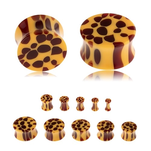 Sedlový plug do ucha z akrylu, žltá farba, hnedé škvrny - leopardí vzor - Hrúbka: 12 mm