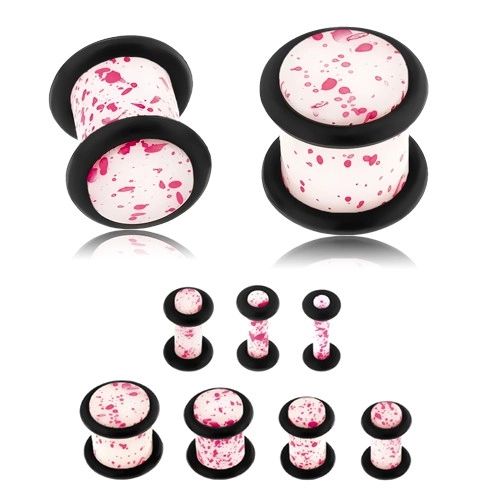 E-shop Šperky Eshop - Akrylový plug do ucha, povrch bielej farby s neónovo ružovými škvrnami S42.24 - Hrúbka: 3 mm