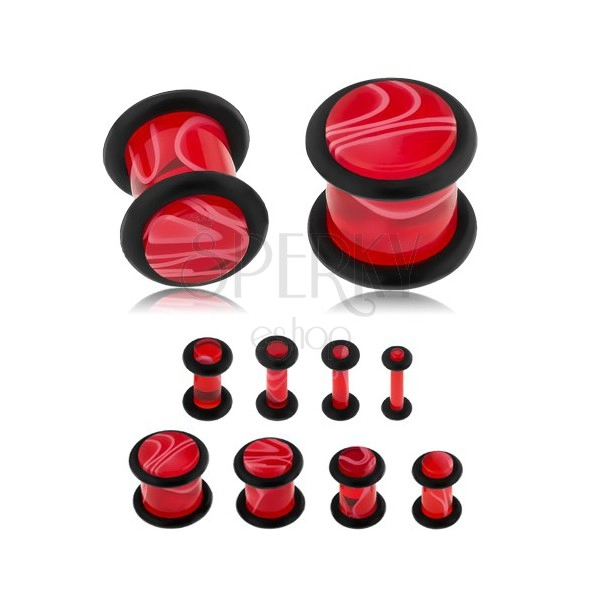 Akrylový plug do ucha, červená farba, mramorový vzor, čierne gumičky