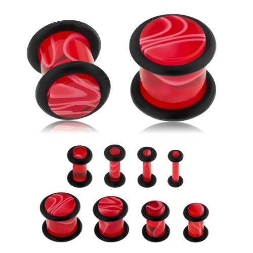 E-shop Šperky Eshop - Akrylový plug do ucha, červená farba, mramorový vzor, čierne gumičky S44.12 - Hrúbka: 3 mm