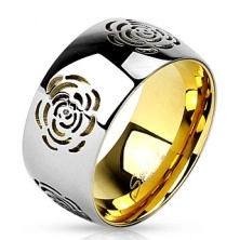Široký prsteň z ocele 316L, vysoký lesk, strieborná farba, výrez - kvet