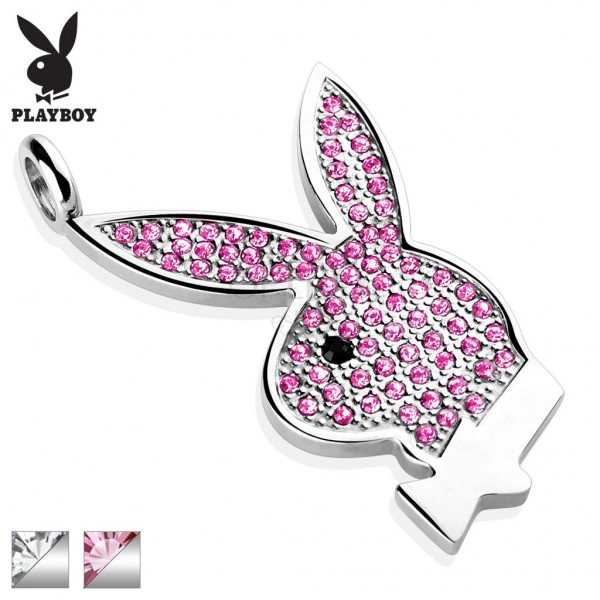 Oceľový prívesok Playboy, strieborná farba, zajačik vykladaný zirkónmi