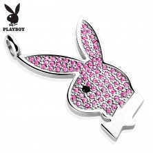 Oceľový prívesok Playboy, strieborná farba, zajačik vykladaný zirkónmi