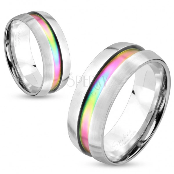 Oceľový prsteň striebornej farby, dúhový prúžok, vyvýšené okraje, 8 mm