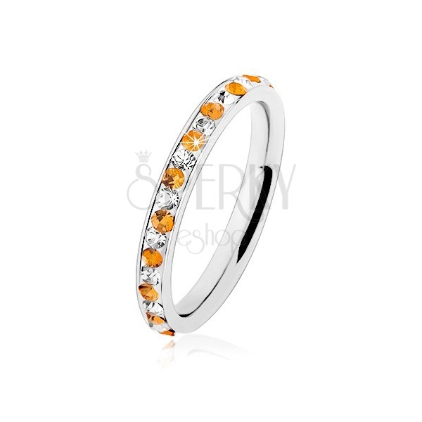 Oceľový prsteň striebornej farby, číre a oranžové zirkóniky, biela glazúra