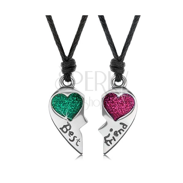 Šnúrkové náhrdelníky, rozpolené srdce, zelené a ružové srdiečko, Best Friend