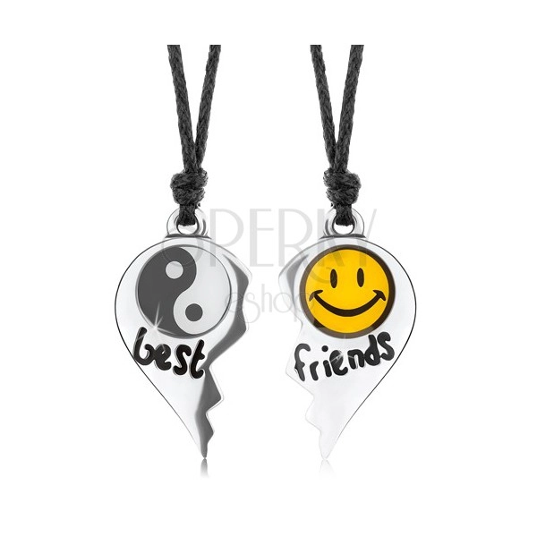 Šnúrkové náhrdelníky, rozpolené srdce, Jin a Jang, žltý smajlík, nápis best friends