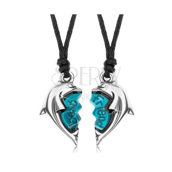 Dva náhrdelníky, rozdelené srdce s lesklými delfínmi, nápis - best friend
