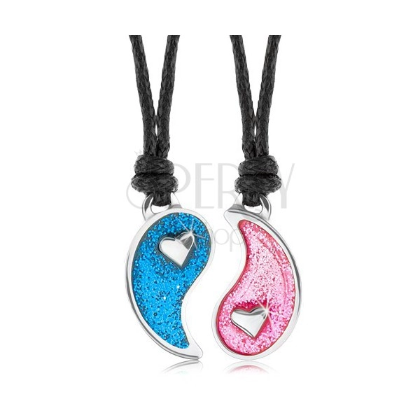 Šnúrkové náhrdelníky, rozdelený symbol Jin a Jang, modrá a ružová glazúra