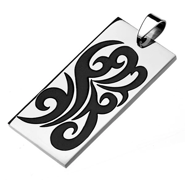 E-shop Šperky Eshop - Obdĺžniková známka z ocele 316L, strieborný odtieň, čierny ornament - špirály Z6.3