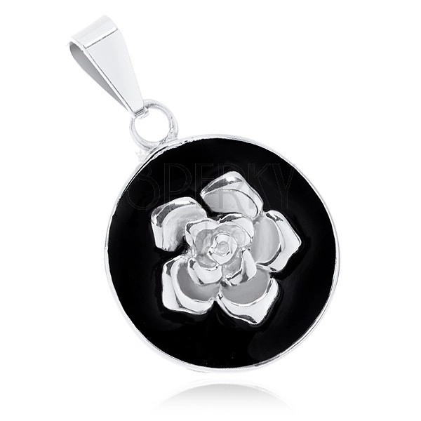 Prívesok z ocele 316L, matný čierny kruh, lesklá ruža striebornej farby