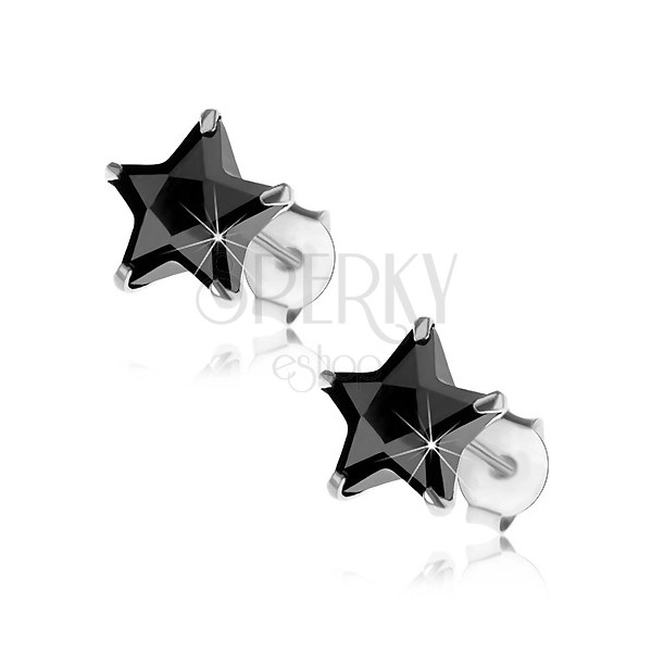 Puzetové strieborné náušnice 925, čierna zirkónová hviezdička, 8 mm