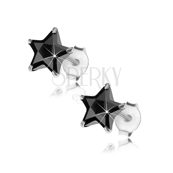 Puzetové strieborné náušnice 925, čierna zirkónová hviezdička, 7 mm