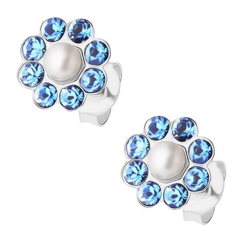 E-shop Šperky Eshop - Puzetové náušnice, striebro 925, modrý ligotavý kvietok, biela perlička I33.23