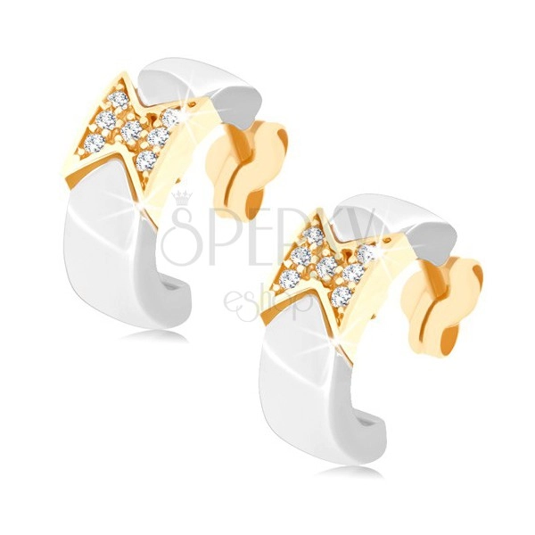 Zlaté náušnice 375 - keramické polkruhy bielej farby, trblietavá mašlička