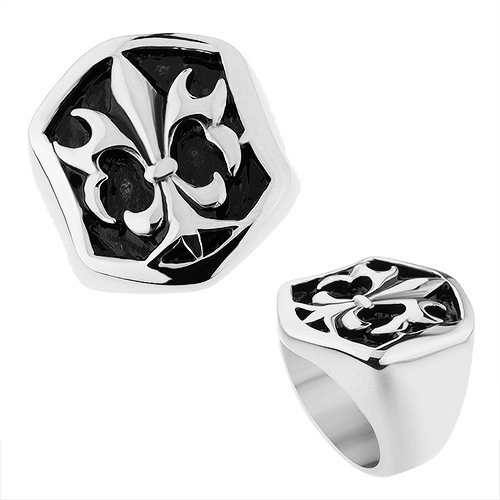 Oceľový prsteň striebornej farby, šesťhranná ozdoba s patinou a Fleur de Lis - Veľkosť: 65 mm