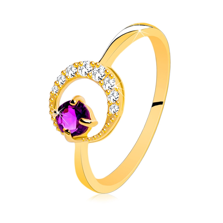 Zlatý prsteň 585 - tenký zirkónový polmesiac, ametyst vo fialovom odtieni - Veľkosť: 50 mm