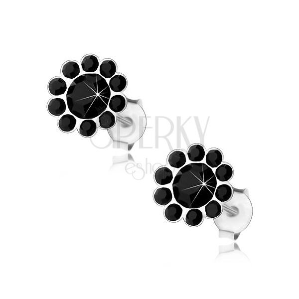 Puzetové náušnice, striebro 925, kvet z Preciosa krištálikov čiernej farby