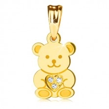 Prívesok v žltom 9K zlate - lesklý roztomilý medvedík, trblietavé srdiečko