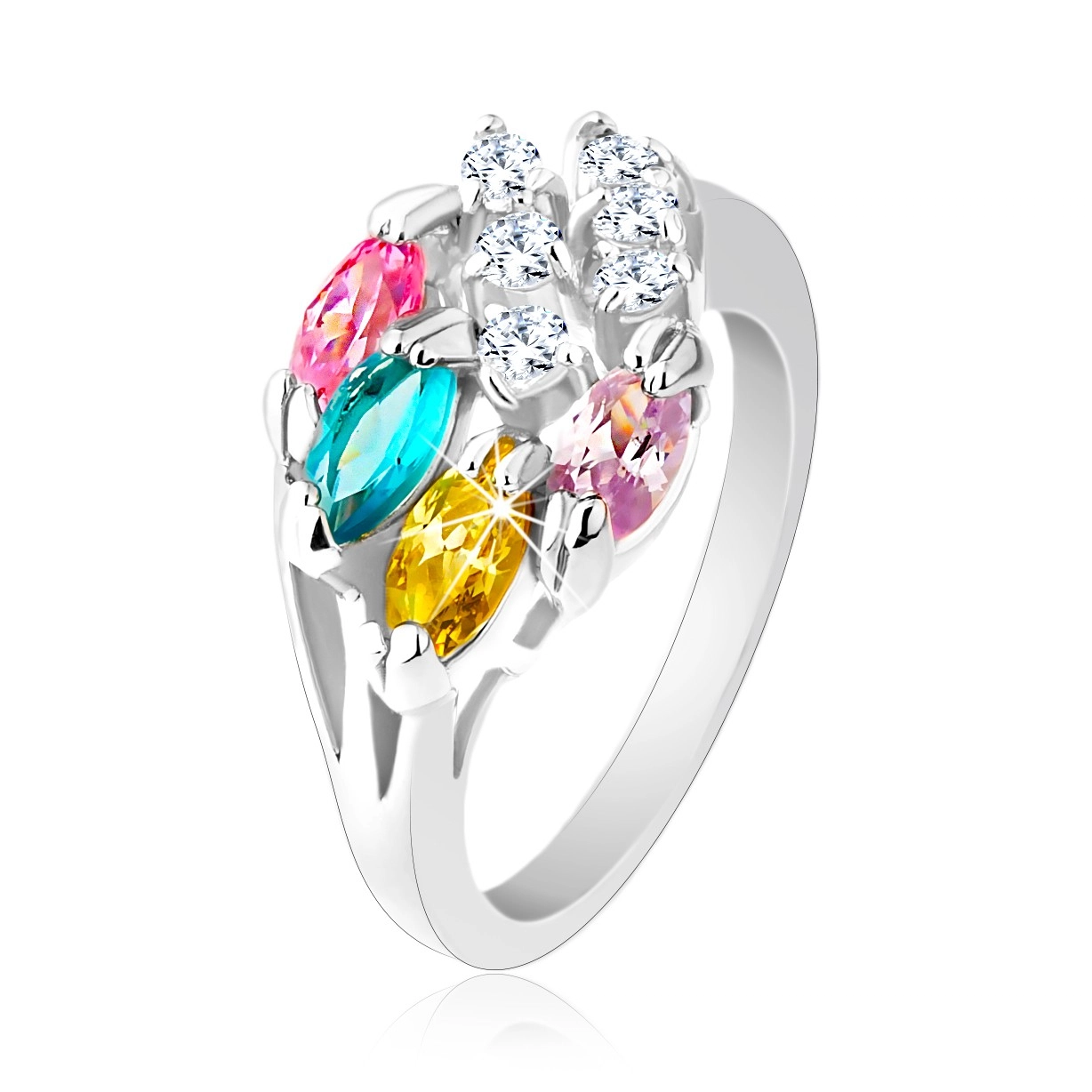Lesklý prsteň striebornej farby, farebné zirkónové zrnká, číre zirkóniky - Veľkosť: 55 mm