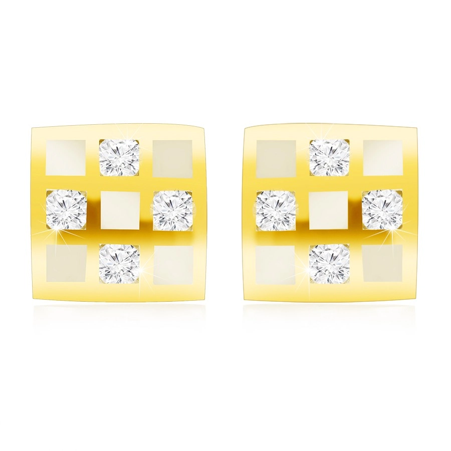 Zlaté náušnice 375 - štvorček so šachovnicou, číre zirkóniky, biela glazúra