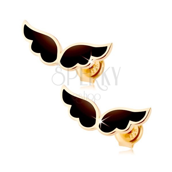 Náušnice zo žltého 9K zlata - dvojica anjelských krídel, čierna glazúra