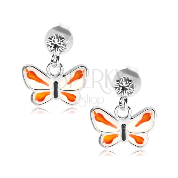 Strieborné 925 náušnice, číry krištálik Swarovski, bielo-oranžový motýlik