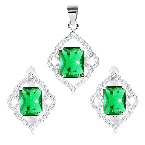 E-shop Šperky Eshop - Set zo striebra 925, náušnice a prívesok, zelený zirkónový obdĺžnik, číre obrysy R38.21