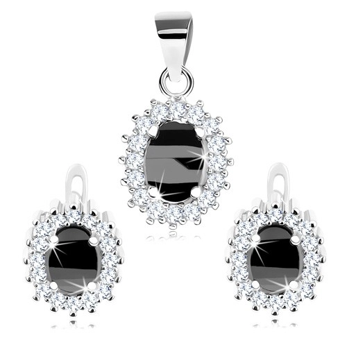 E-shop Šperky Eshop - Ródiovaná sada, striebro 925, náušnice a prívesok, čierny oválny zirkón, číry lem R38.23