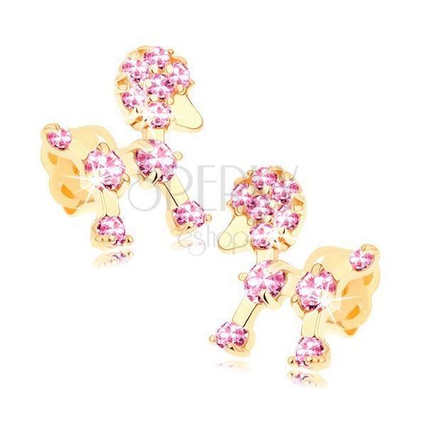 Zlaté puzetové náušnice 585 - malý pudlík zdobený ružovými zirkónikmi