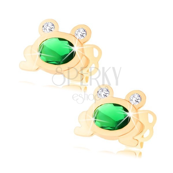 Zlaté náušnice 585 - malá ligotavá žabka so zeleným oválom a čírymi očami