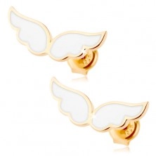Zlaté náušnice 585 - anjelské krídla zdobené bielou glazúrou, puzetky