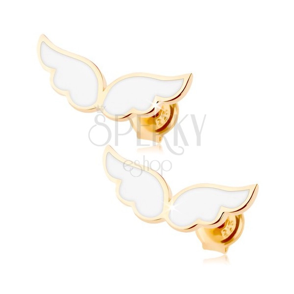 Zlaté náušnice 585 - anjelské krídla zdobené bielou glazúrou, puzetky