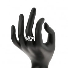 Oceľový prsteň striebornej farby, číre a čierne zirkóny, prepletené ramená